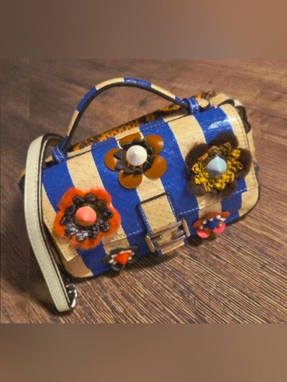 Fendi Python 2 Way Snakeskin/Floral Appliqué Baguette Bag Chain Crossbody Strap